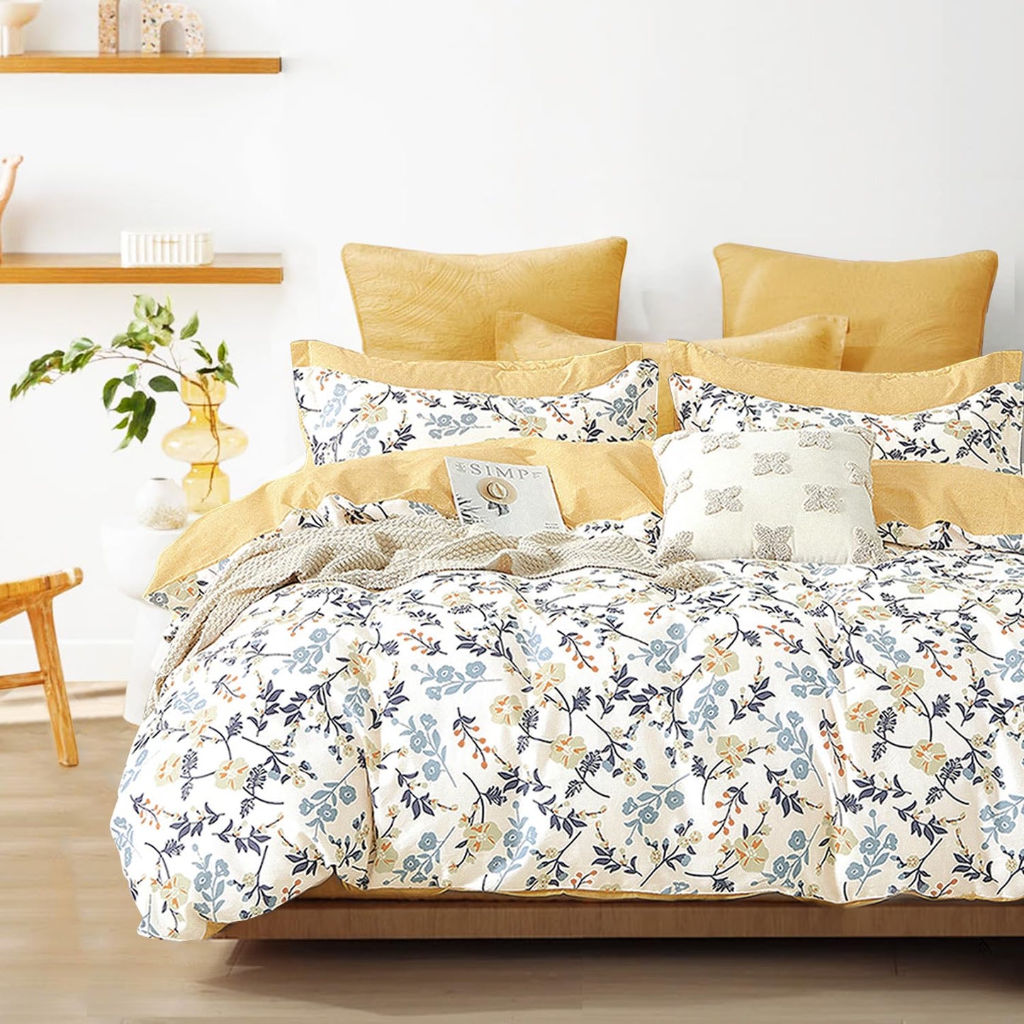 LEMIROE Yellow Floral Cotton Comforter King Size - Orange, Blue & Slate Gray Botanical Pattern on Off White, Reversible Design, 3PC Lightweight Bedding Set with Soft Alternative Fill (King)