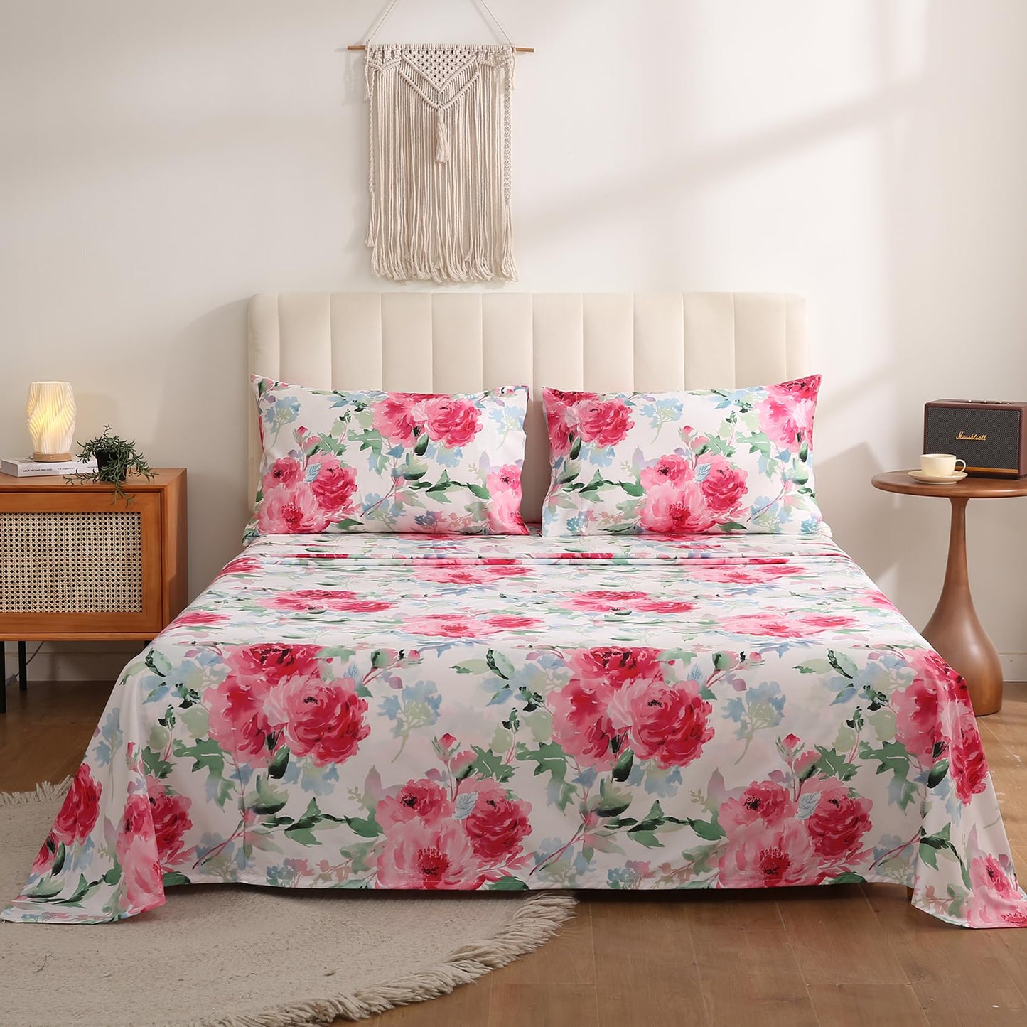 JSD Watercolor Rose Floral Sheet Set King Size, 4 Piece Soft Printed Microfiber Sheets Extra Deep Pocket
