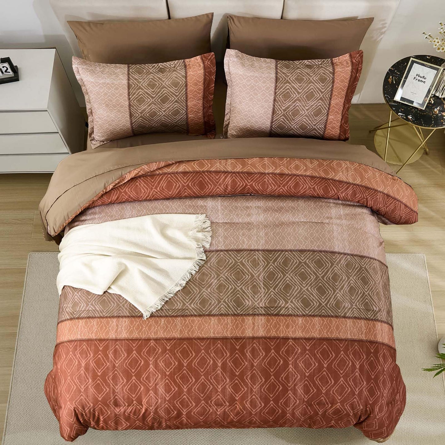 Dinjoy Boho Queen Comforter Set Red Brown,Lighrweight 7 Piece Bed in a Bag Queen Size Warm Striped Bedding Sets with Plaid Comforters Bed Set with Sheets for Family All Season
