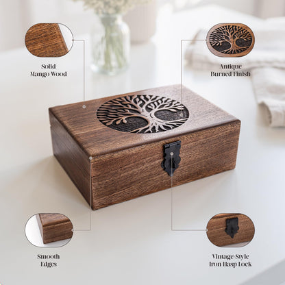 inanosa Handmade Mango Wood Tree of Life Jewelry Box, 7x5 inch Hand Carved Keepsake Box & Organizer, Unique Gift for Men & Women (Classic Tree of Life)