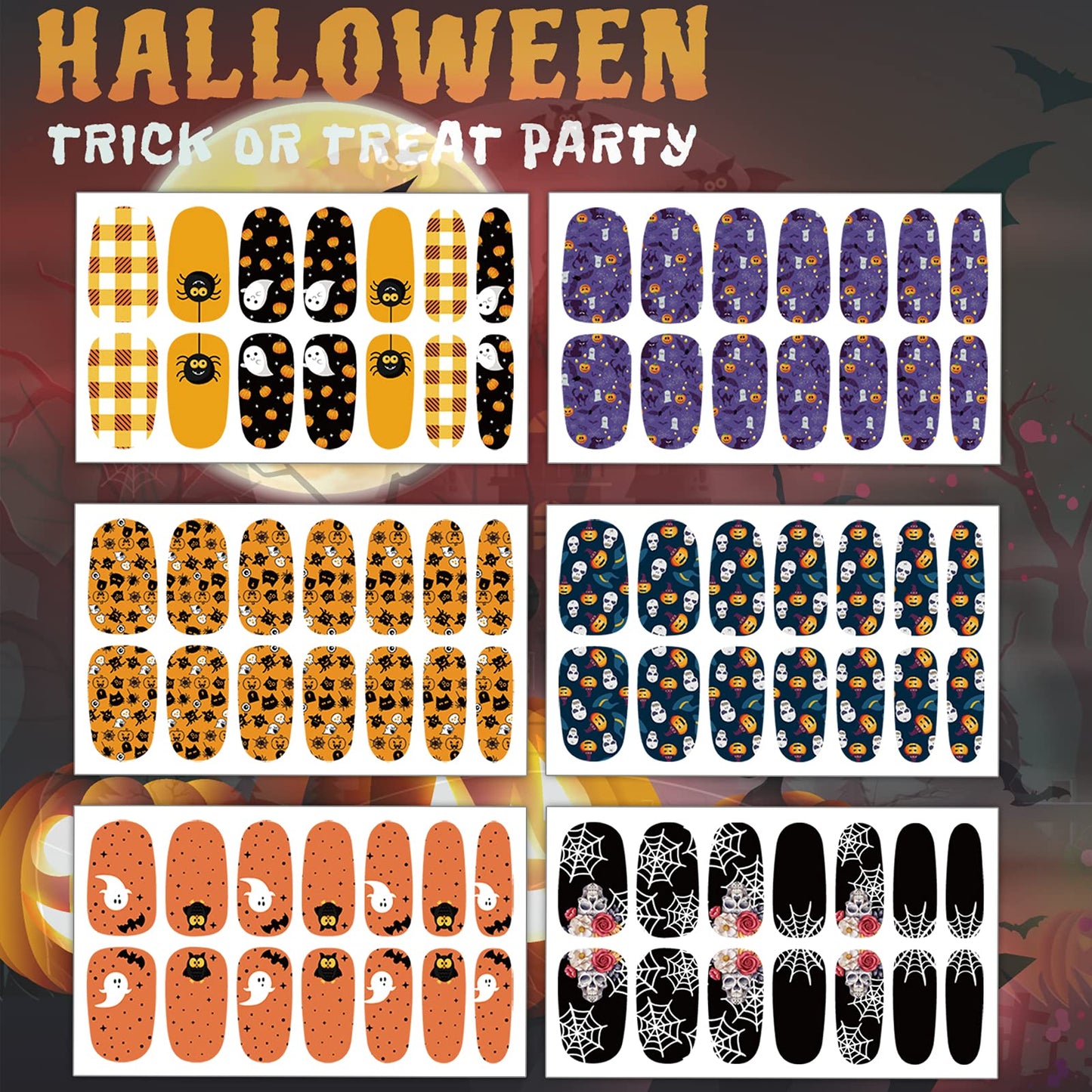 TailaiMei 12 Sheets Halloween Nail Wraps Stickers Nail Polish Strips Self-Adhesive Full Wraps with 2 pcs Nail Files for DIY Nail Art Decals (Pumpkin Style)