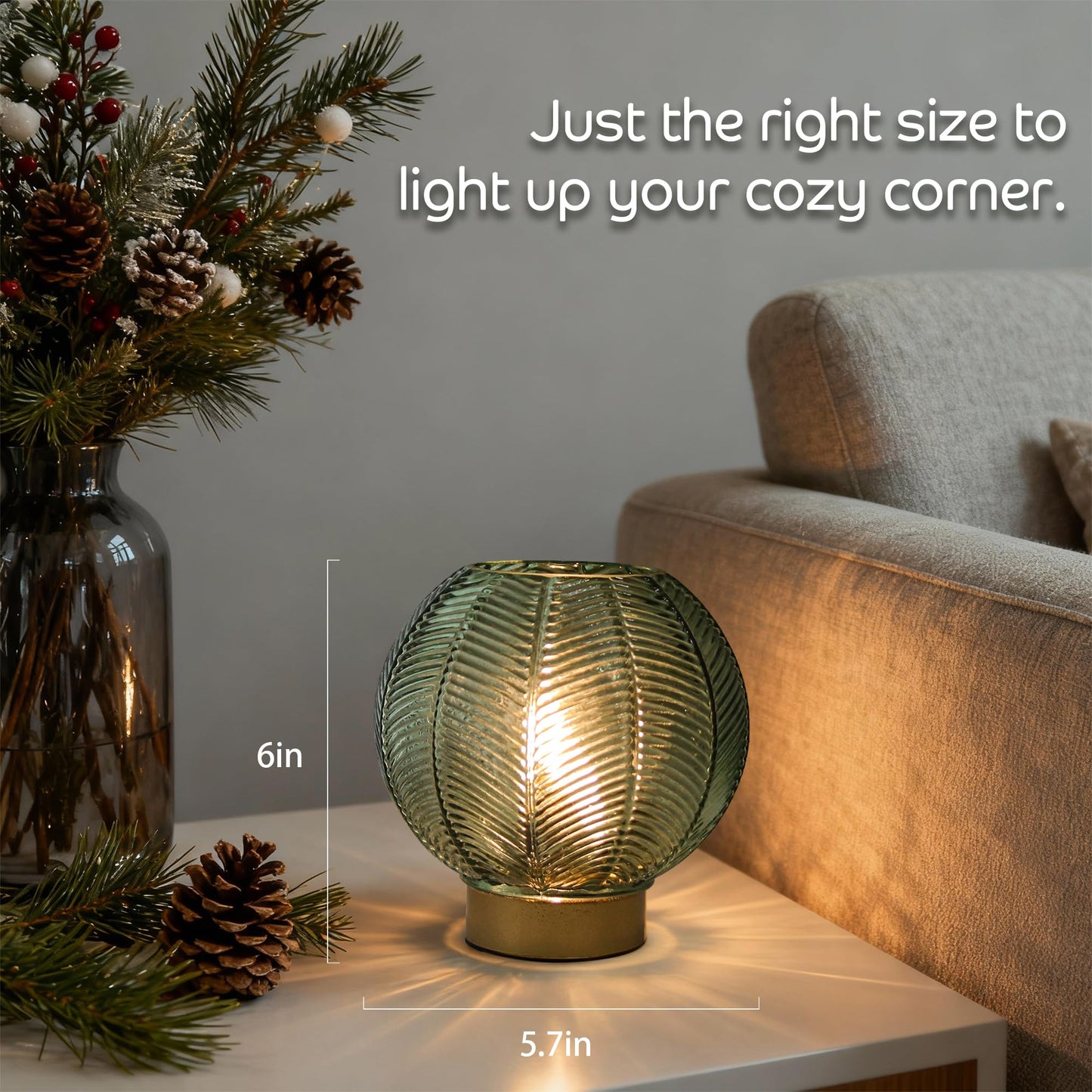 LUSHARBOR Battery Operated Lamp with Timer, Decorative Green Glass Table Lamp Cordless, Small Ambient Lamp for Bedside Bedroom Living Room Decor -Green