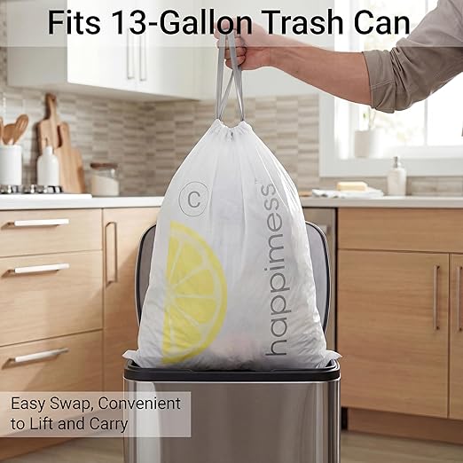 happimess 13.2 Gallon Drawstring Trash Bags, Lemon Scent, Heavy Duty MDPE Liners