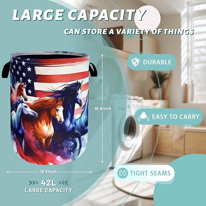 American Flag Horse Laundry Basket Patriotic Foldable Funny Laundry Hamper