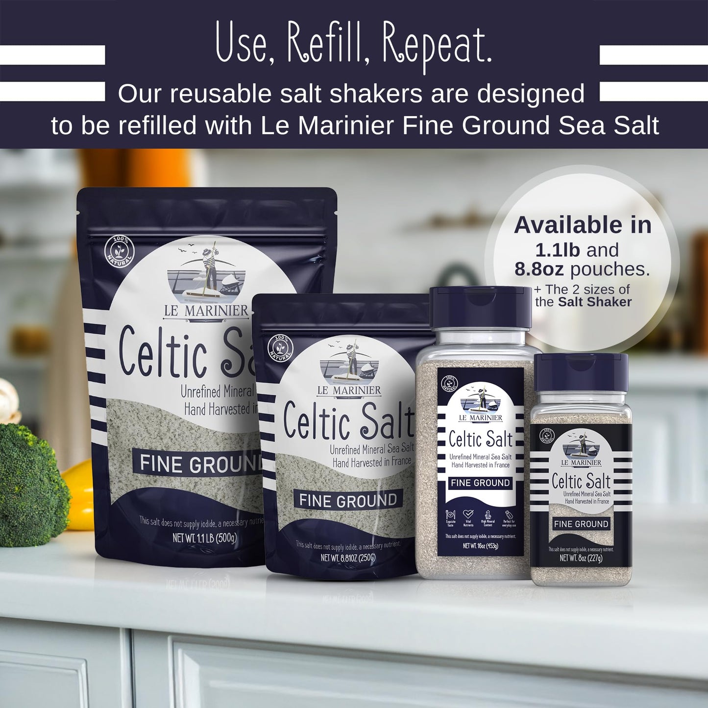 Le Marinier Celtic Salt Organic Fine Ground, 1 lb - 16oz. Mineral Rich 100% Natural and Unrefined. Refillable Salt Shaker. French Sea Salt with Vital Minerals. Hand Harvested (1 lb Fine Ground)