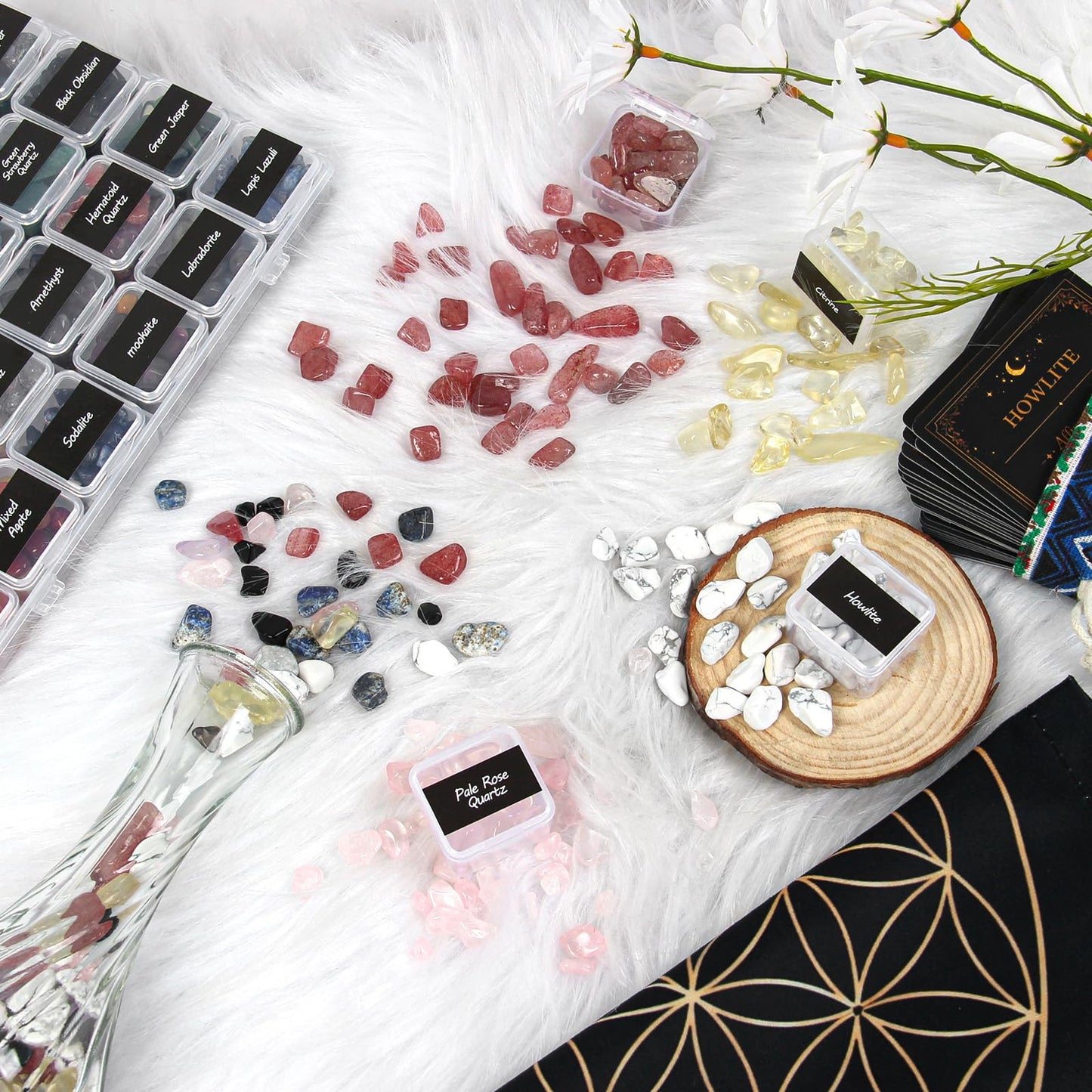 Healing Crystals Set with 30 Crystal Gravel Stones, Flower of Life Ritual Mat and Meaning & Ritual Affirmation Cards – Healing Stones for Meditation, Witchcraft Supplies