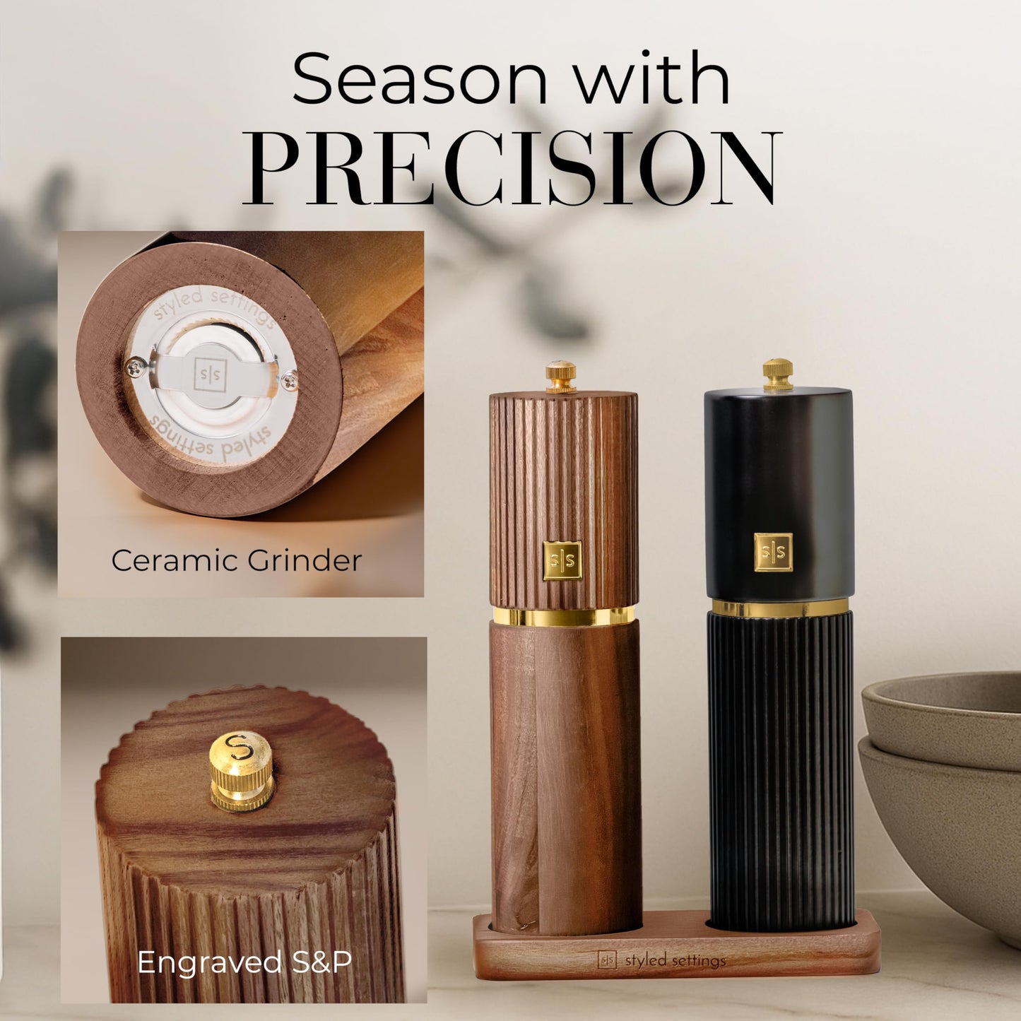 Wooden Salt and Pepper Grinder Set – Refillable Manual Salt and Pepper Mills with Adjustable Ceramic Burrs, Gold Detailing, and Wood Stand – Black and Dark Wood