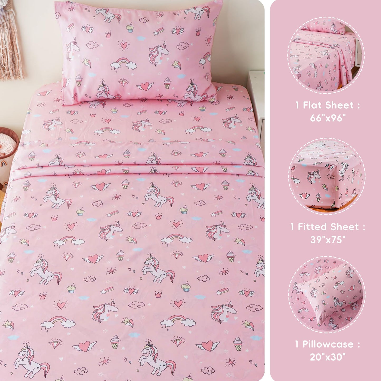 Bunnikins & Clover Unicorn Kids Sheet Set Twin Size, 3 Piece Soft Microfiber Bed Sheets, Deep Pocket Pink Toddler Bedding Set for Boys Girls