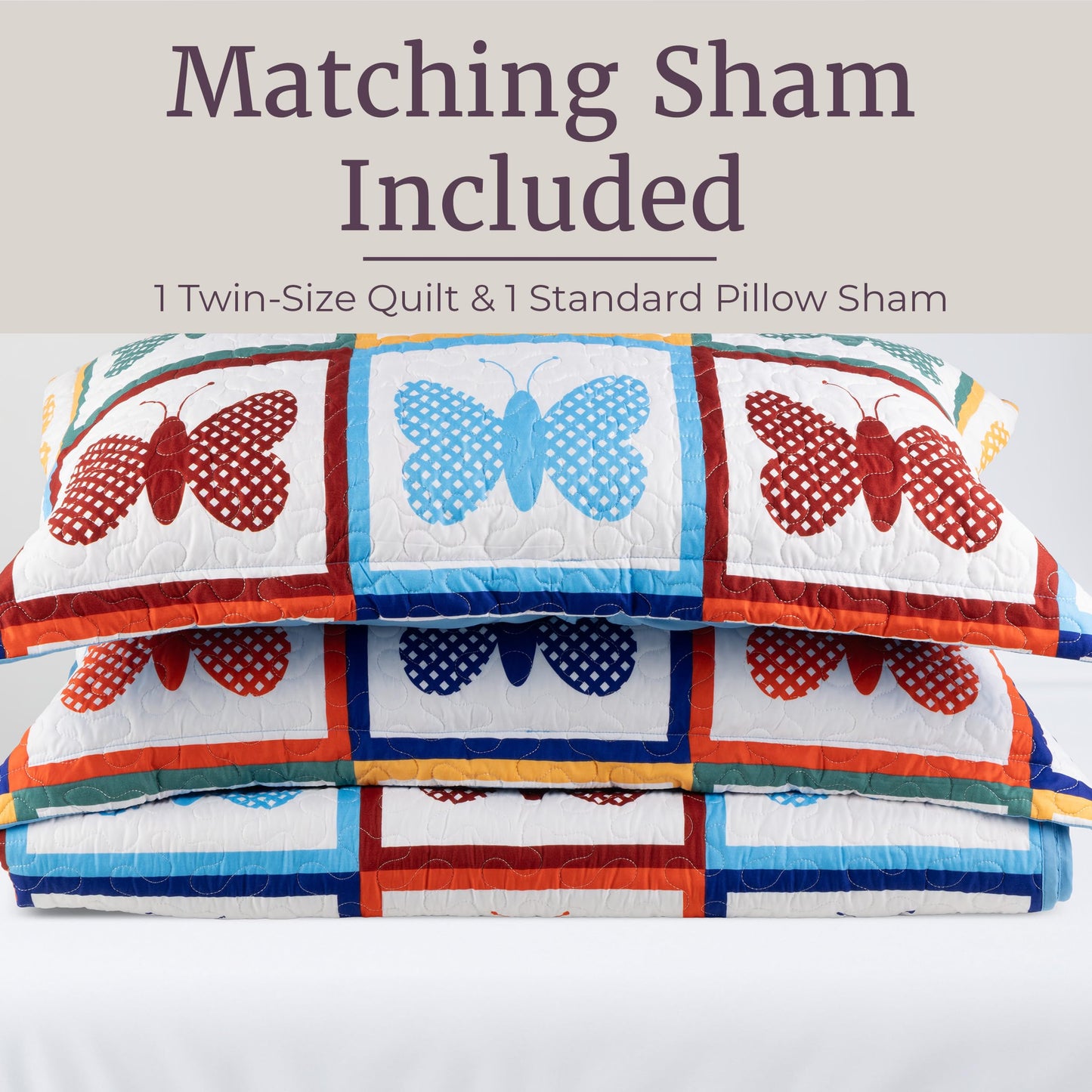 Lavish Home 2-Piece Twin Quilt Set - Twin Bedspread and Pillow Sham with Colorful Butterfly Pattern - Lightweight Quilt Bedding Set for All Seasons - Soft Microfiber Coverlet (Multicolor)
