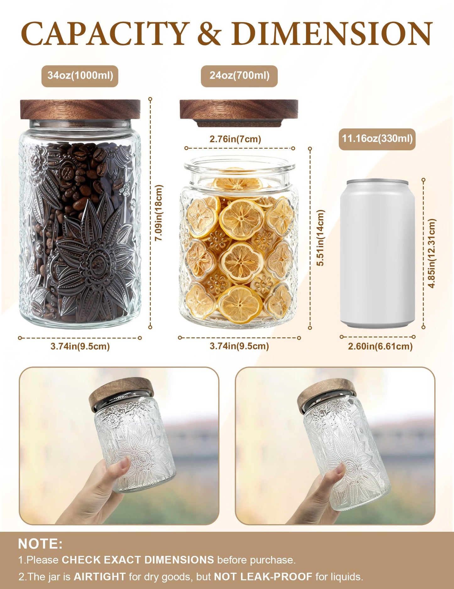 PENGSHU Vintage Glass Jar with Wood Lid - Christmas Airtight Canisters for Kitchen Countertop Bathroom, Storage Candy, Cookie, Coffee, Apothecary, Sugar, Flour,Pet Treat (Begonia, 34oz/1000ml)