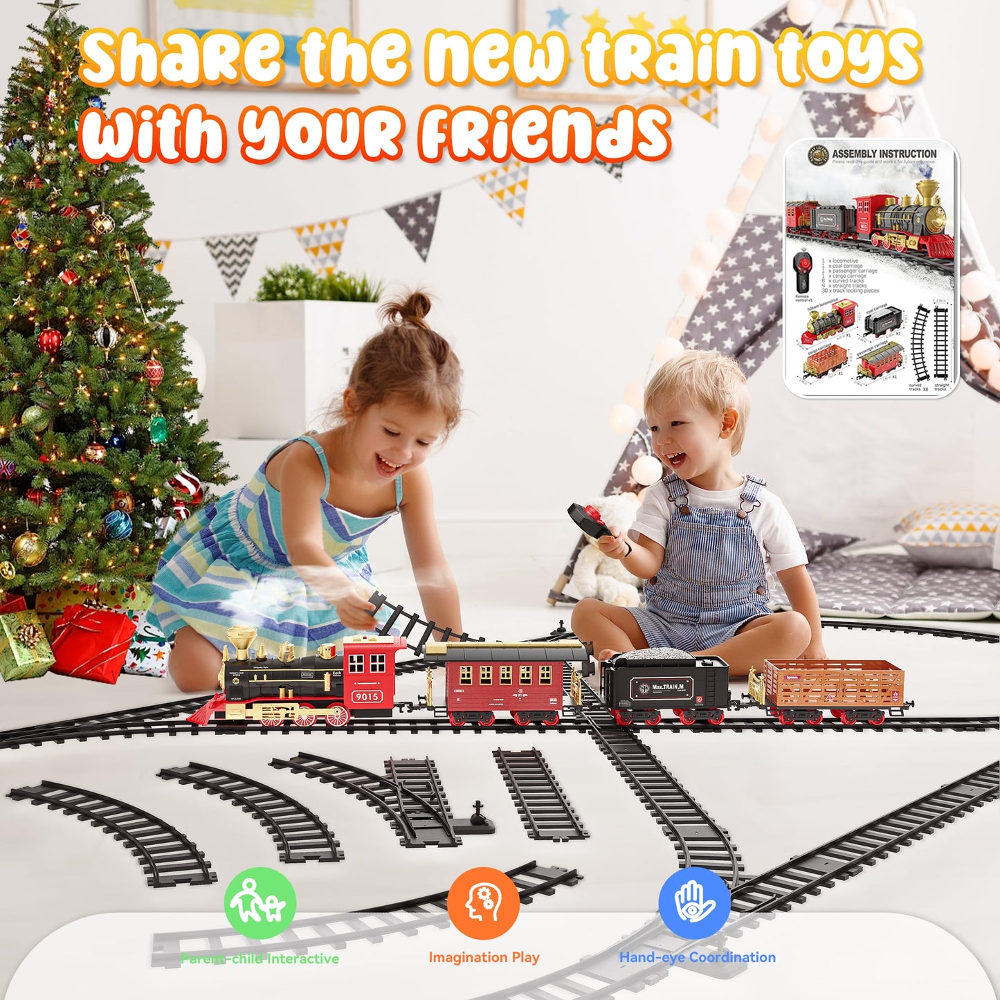 Hot Bee Christmas Tree Train Set with Remote Control and Luxury Track, Electric Train Set for Kids Adults, Train for Around the Christmas Tree, Steam Train Toy with Smoke