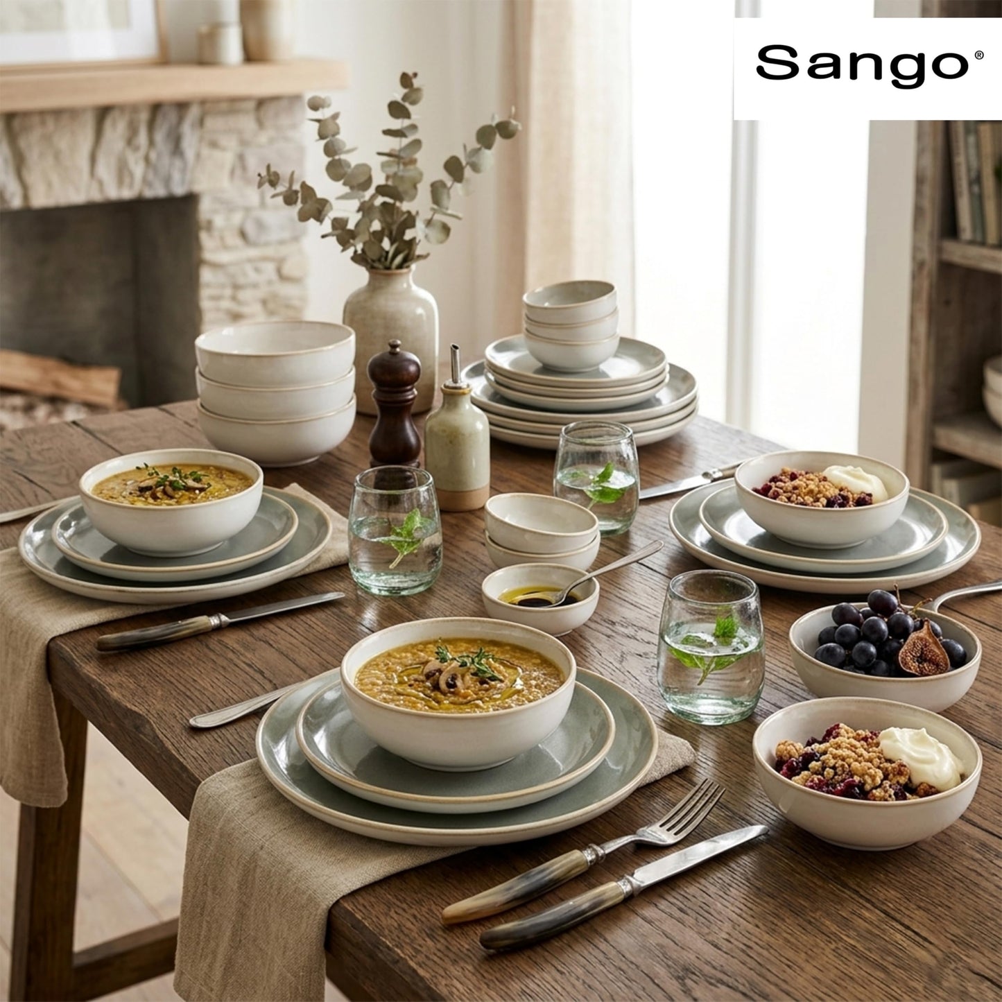 Sango 16-Piece Stoneware Dinnerware Set for 4, Glossy Cream/Green Big Dinner Plates and Bowls Sets with Reactive Glaze, Ceramic Dish Set, Modern Dishes, Microwave & Dishwasher Safe, Resona Moss