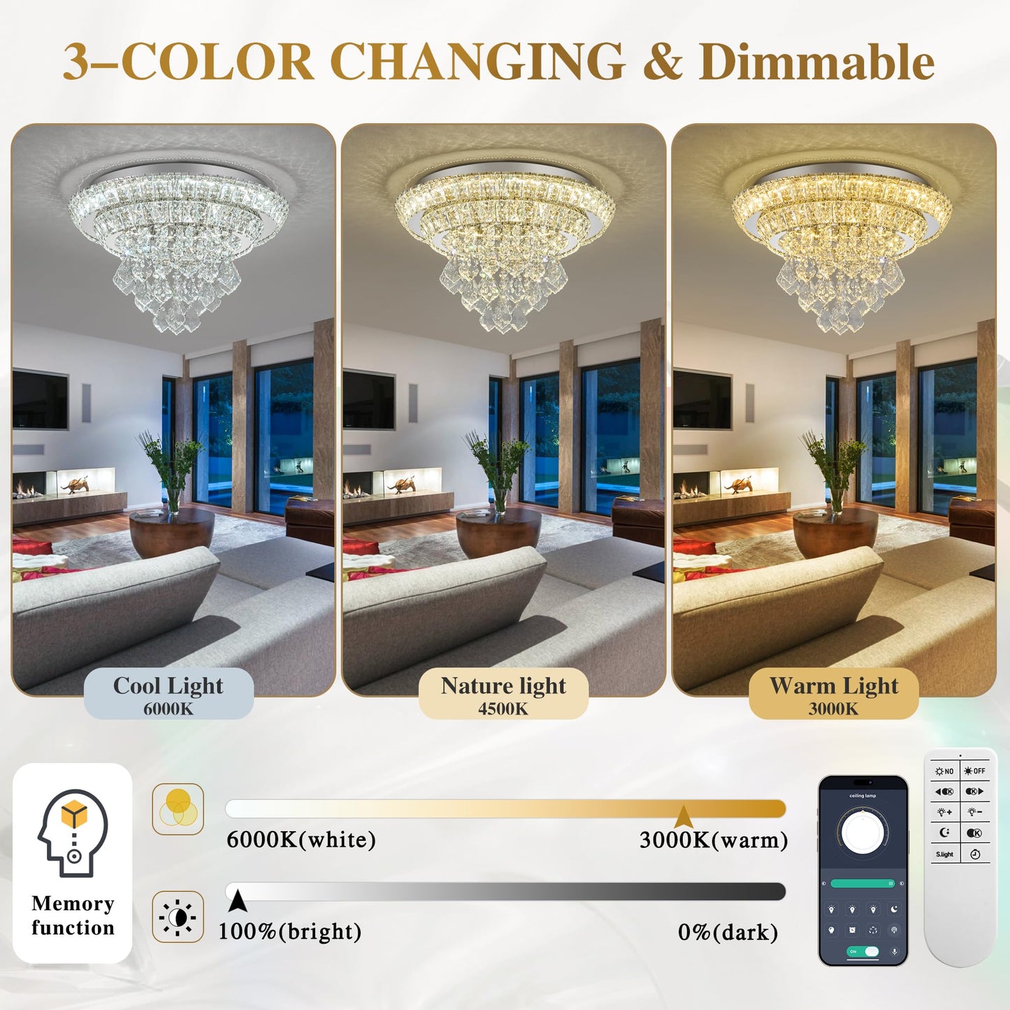 OSGNER 18" Sliver Modern Chandelier with Remote/APP,Flush Mount Crystal Ceiling Light,3-Color LED Dimmable for Living Room Kitchen Dining Room Hallway -Luxury Raindrop Style