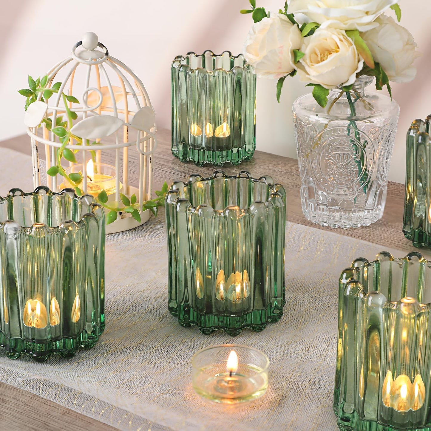 HAVITI 6 Pcs Votive Candle Holder, Green Glass Candle Holders, Tealight Candle Holder for Wedding Centerpieces Dinner Party Table Decor