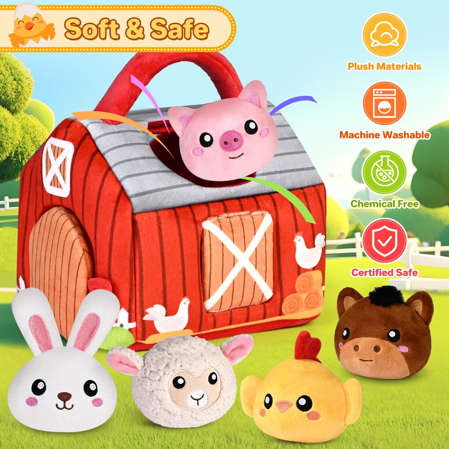 Baby Toys 0-6 6-12 Months, Plush Big Red Barn with Farm Animals, Soft Sensory Toys with Crinkle, Rattles for 0-3-6-9-12 Month Newborn Infant, Christmas Easter Birthday Gifts for Baby Boys Girls﻿