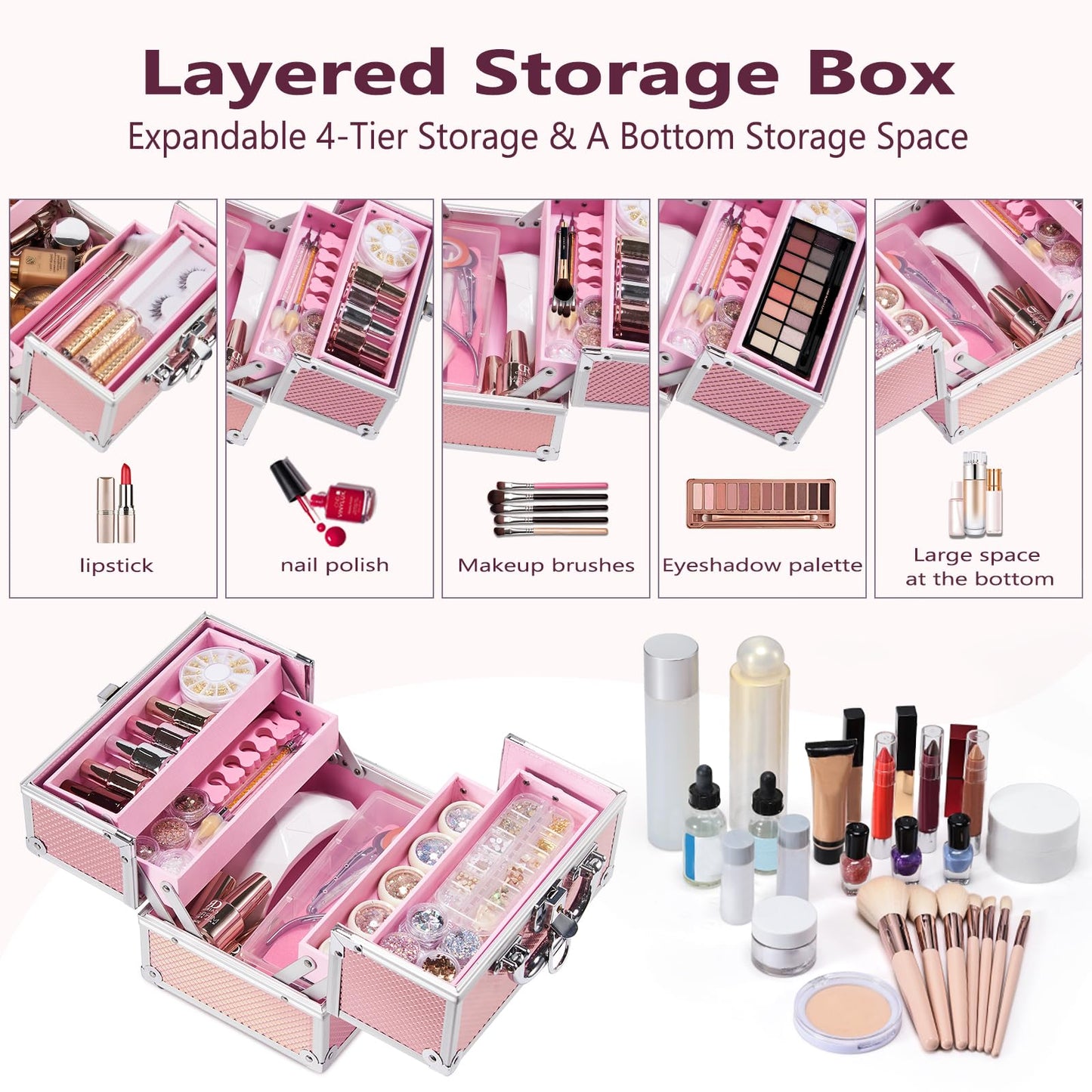 Frenessa Vanity Case Makeup Case Makeup Box Organiser 4 Trays Lockable Beauty Box Make up Organiser Storage, Pink