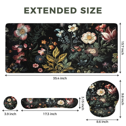 iCasso Desk Cover Mat, 4in1 Floral Large Mouse Pad with Wrist Rest, Desk Matt for Desktop, Anti-Slip XXL Big Computer Ergonomic Mousepad with Wrist Support for Keyboard and Mouse (Elegant Flowers)