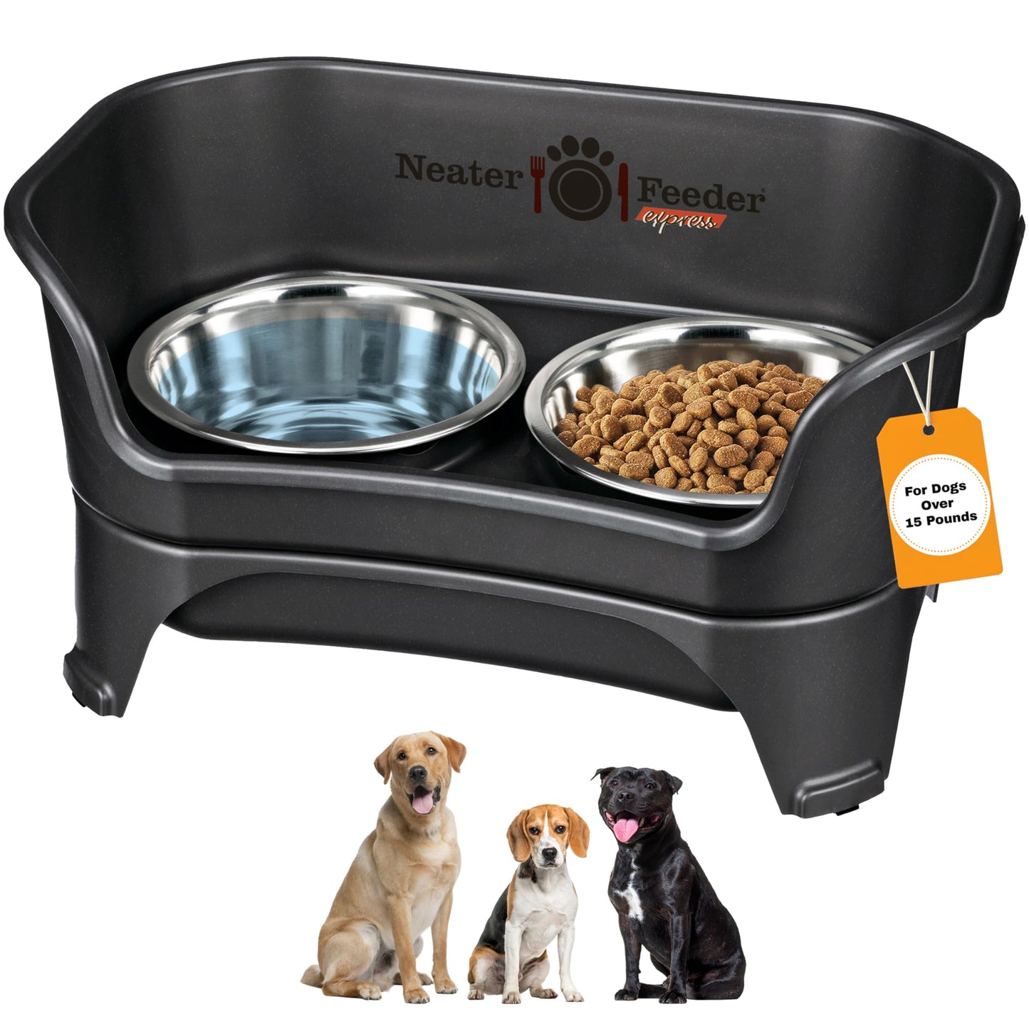Neater Feeder Express Elevated Dog Bowls by Neater Pet Brands – Dog Bowls with Stand - Stainless Steel Food and Water Bowls – Raised Dog Bowl Set for Medium to Large Dogs, Midnight Black