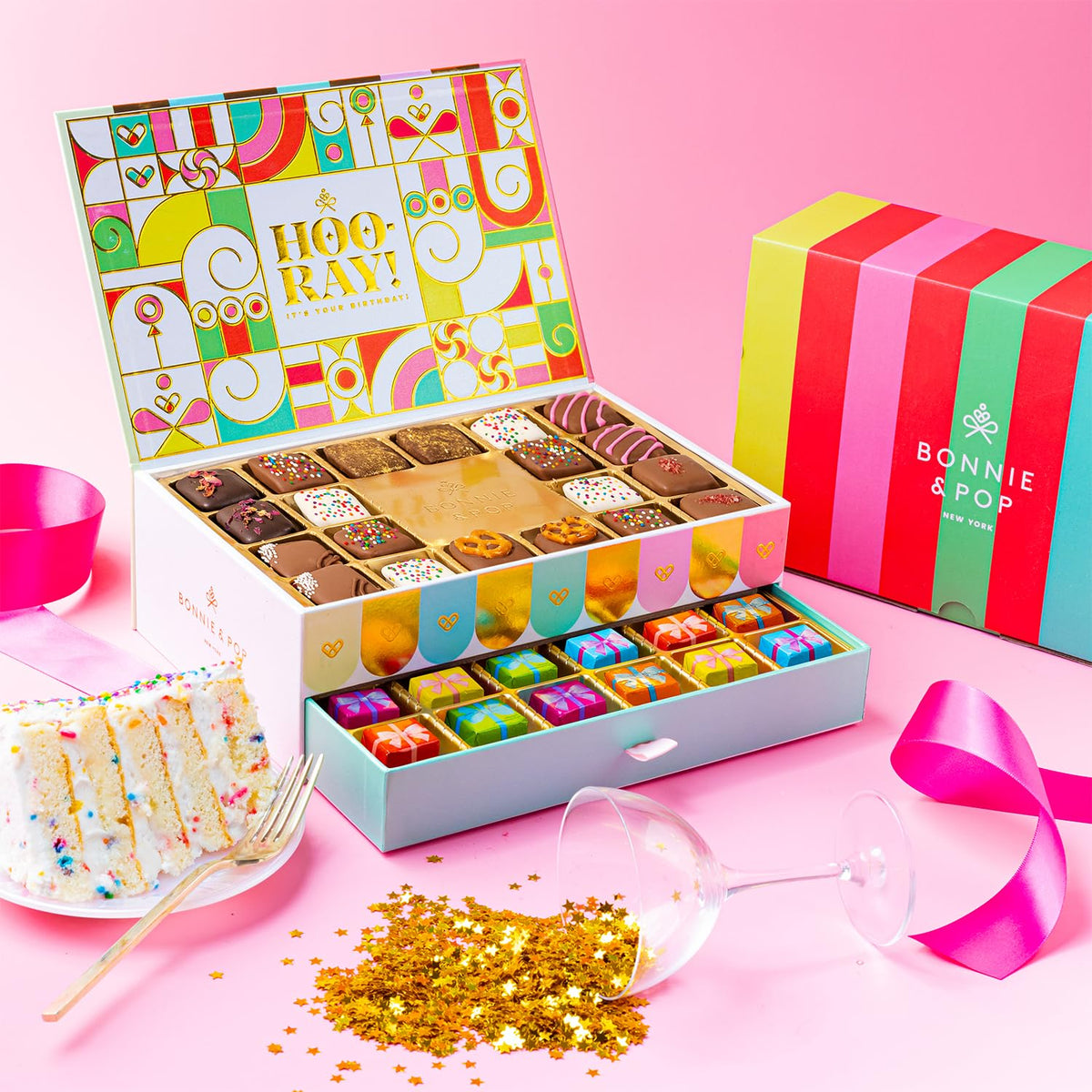 Birthday Gift Basket, Gourmet Candy Food Snack Box, Bday Him & Her, Men, Women, Family Party, Two-Tier Chocolate Gift Box with Assorted Belgian Truffles, 10+ Flavors, Bonnie and Pop (Birthday)