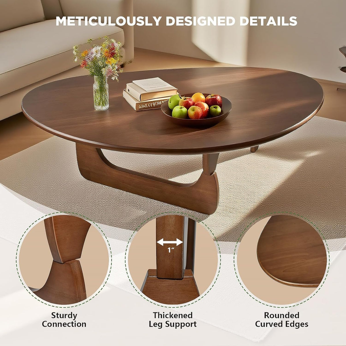 Solid Wood Triangle Coffee Table,Unique Mid Century Modern Oval Coffee Table,Irregular Geometric Tea Tables for Home Living Room with Wooden Tabletop and Reinforced Legs Walnut 35" L x 24" W x 16" H
