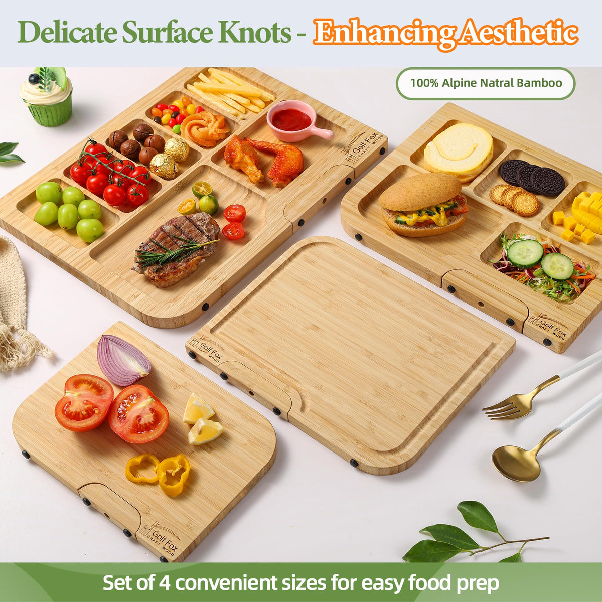 4-PCS Bamboo Cutting Board Set with Innovative Stand - Durable Double Sided Wooden Cutting Board with Juice Groove & Handle for Meal Prep, Meat, Charcuterie Serving, Eco-Friendly Healthy Kitchen Gift