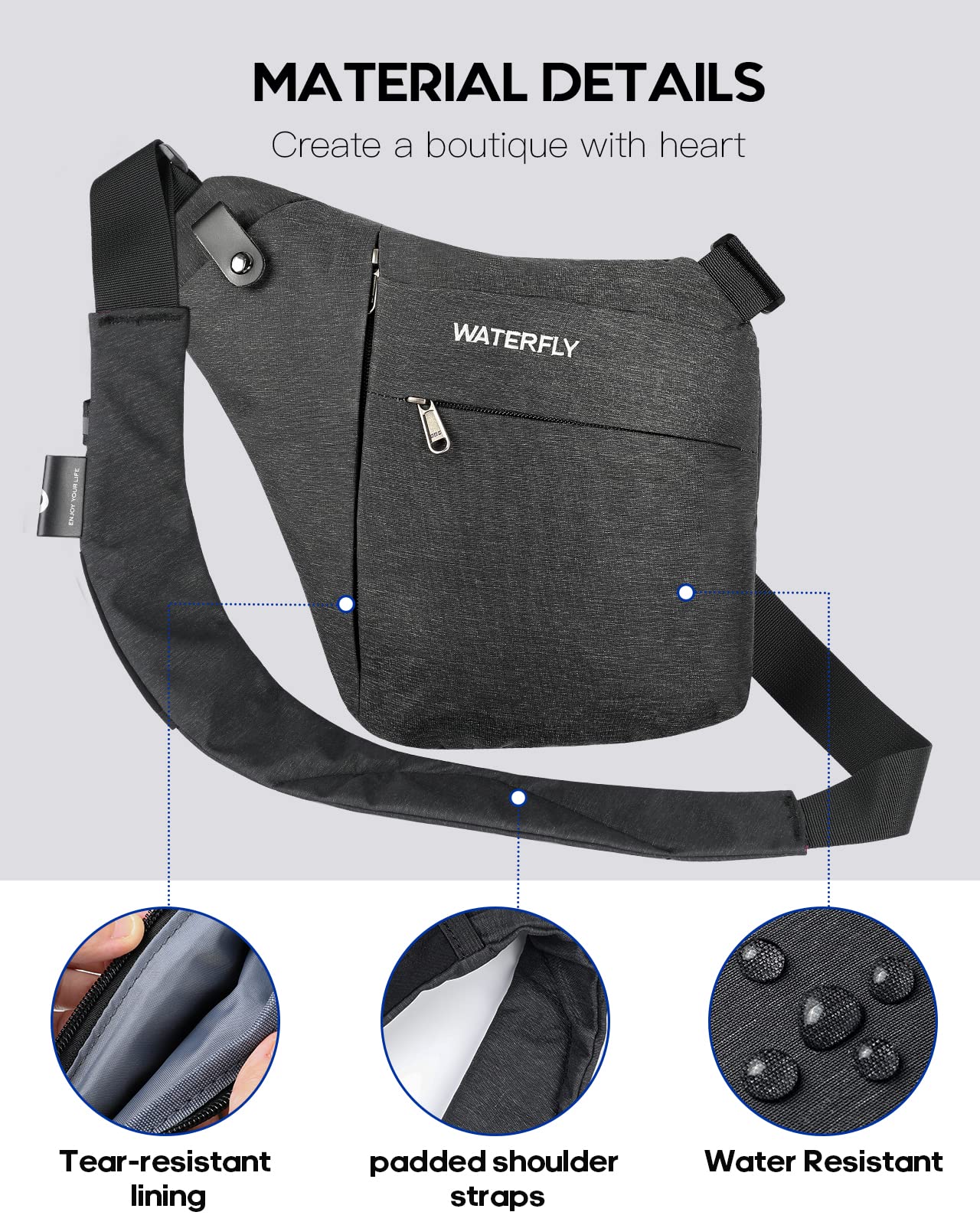 WATERFLY Sling Crossbody Chest Bag: Slim Anti-Theft Cross Body Bag Over Shoulder Backpack Stealth Side Pack Man Woman