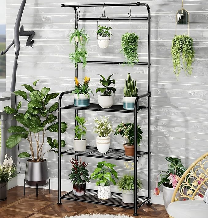 Plant Stands Outdoor with Hooks, Metal Tall Plant Shelves Indoor for Hanging Planter, Black
