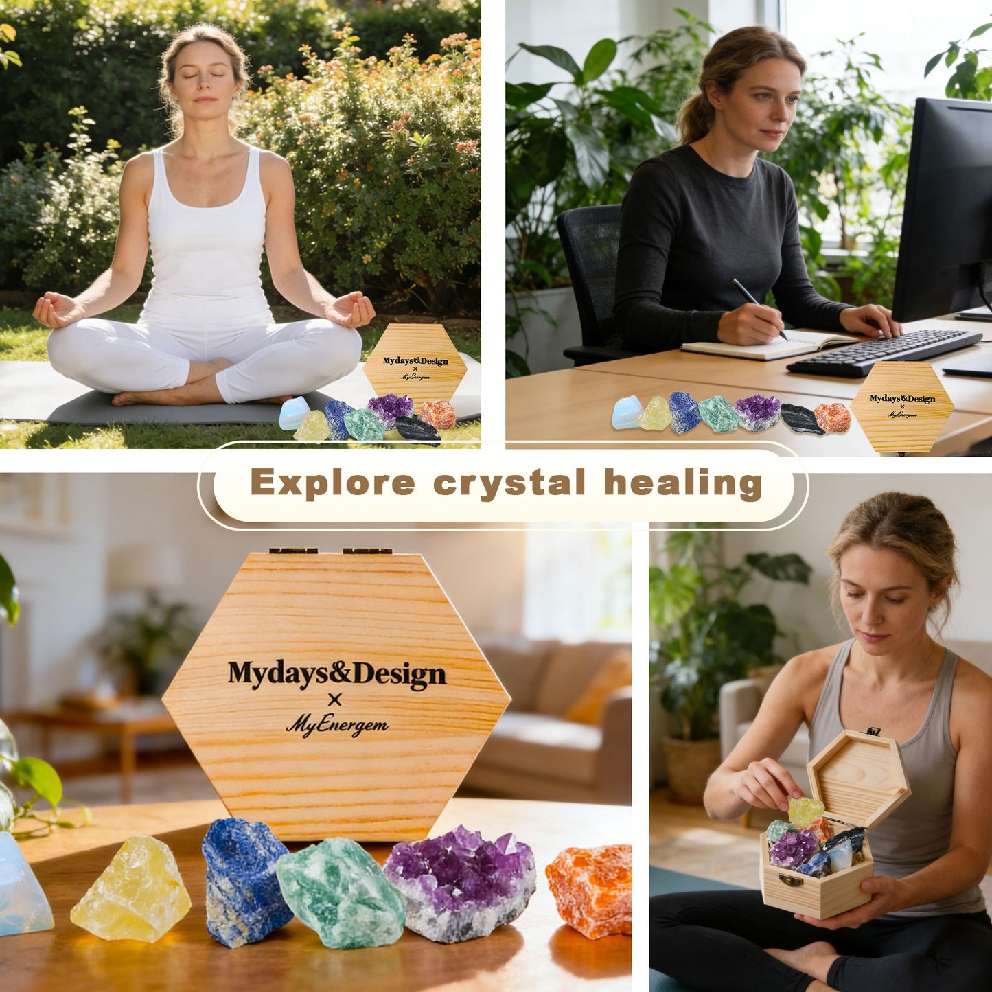 MYDAYS&DESIGN 7 Chakra Healing Crystals Set for Meditation Yoga Reiki, Amethyst Cluster, Lapis Lazuli, Opal, Green Aventurine, Citrine, Sunstone, Black Tourmaline with Wooden Gift Box and Guidebook
