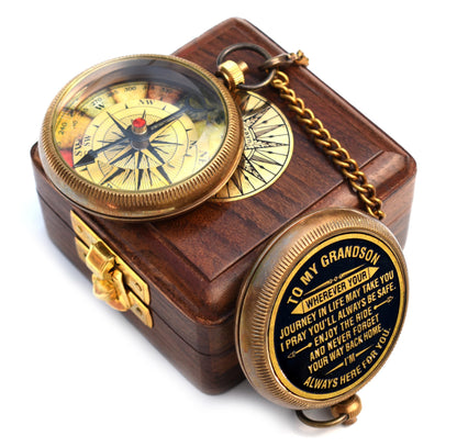 Gift for Grandson Brass Compass with Box Engraved Quote | Memory Present to My Grandson Birthday, Baptism, Graduation, Confirmation, Love, Gift idea by Grandpa Grandma, Greeting Card