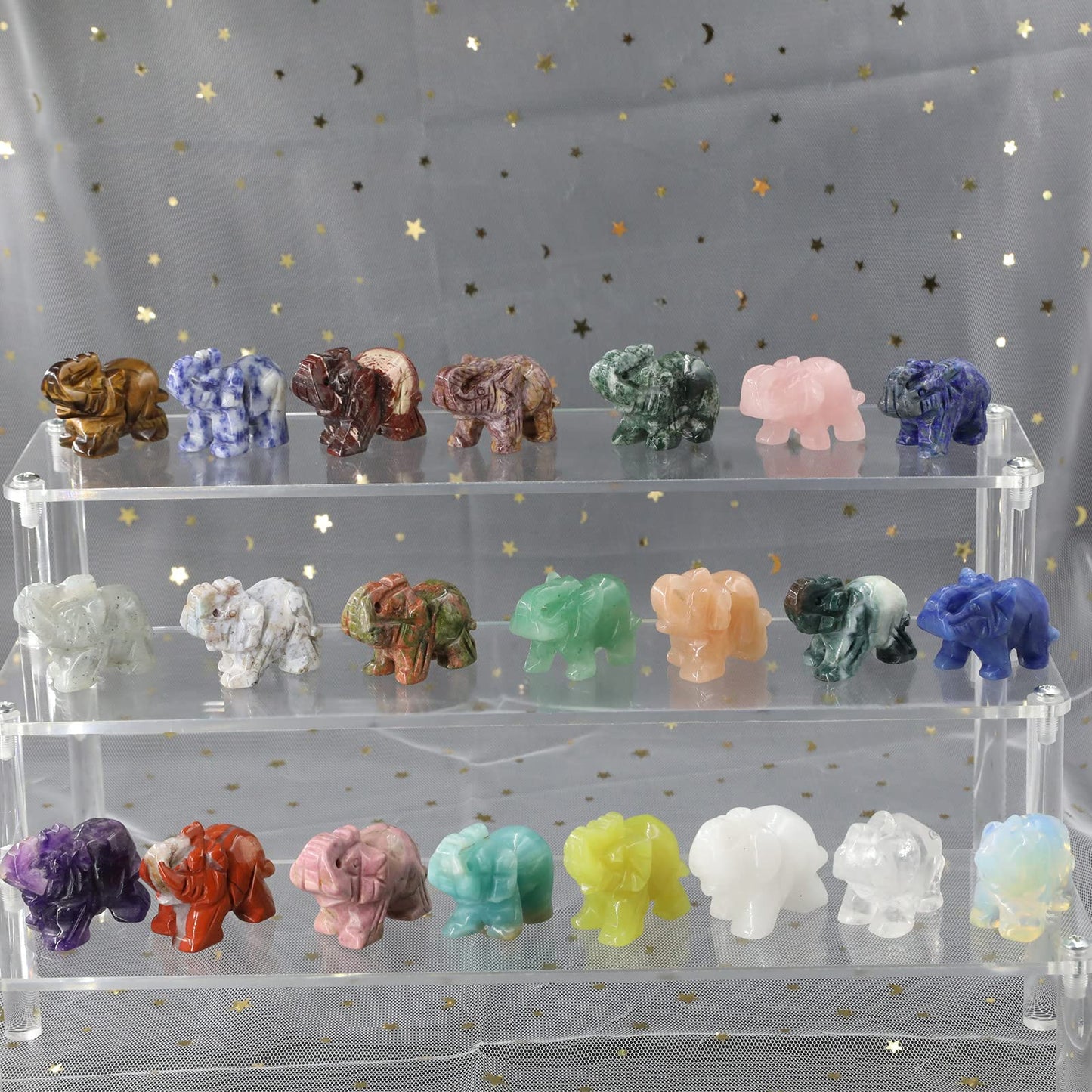 Wemeki Gemstone Elephant Figurines Mix 6PCS, Hand Carved Statue Healing Crystal Guardian Stones for Home Decorations 1.5''