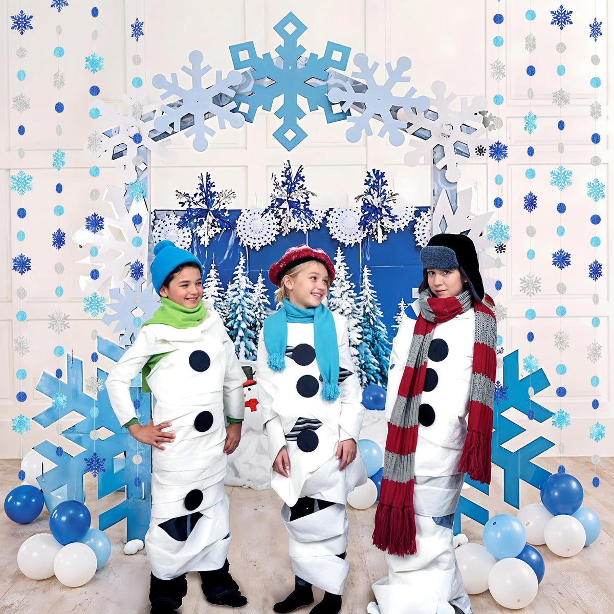 Kriyokiaa 8 PCS Blue Snowflake Garland Set, Double-Sided Glitter Winter Wonderland Hanging Decorations for Baby Shower, Birthday, Holiday Party Backdrop, Navy & Silver Paper Circle Snowflake Strings