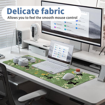 Cute Cat Mouse Pad Large Green Desk Mat Extended Keyboard Mouse Pad Kawaii Mousepad with Non-Slip Base and Stitched Edge Plant Mouse Mat Desk Pad 31.5 x 11.8 in Mouse Pads for Decor Home Office Gaming