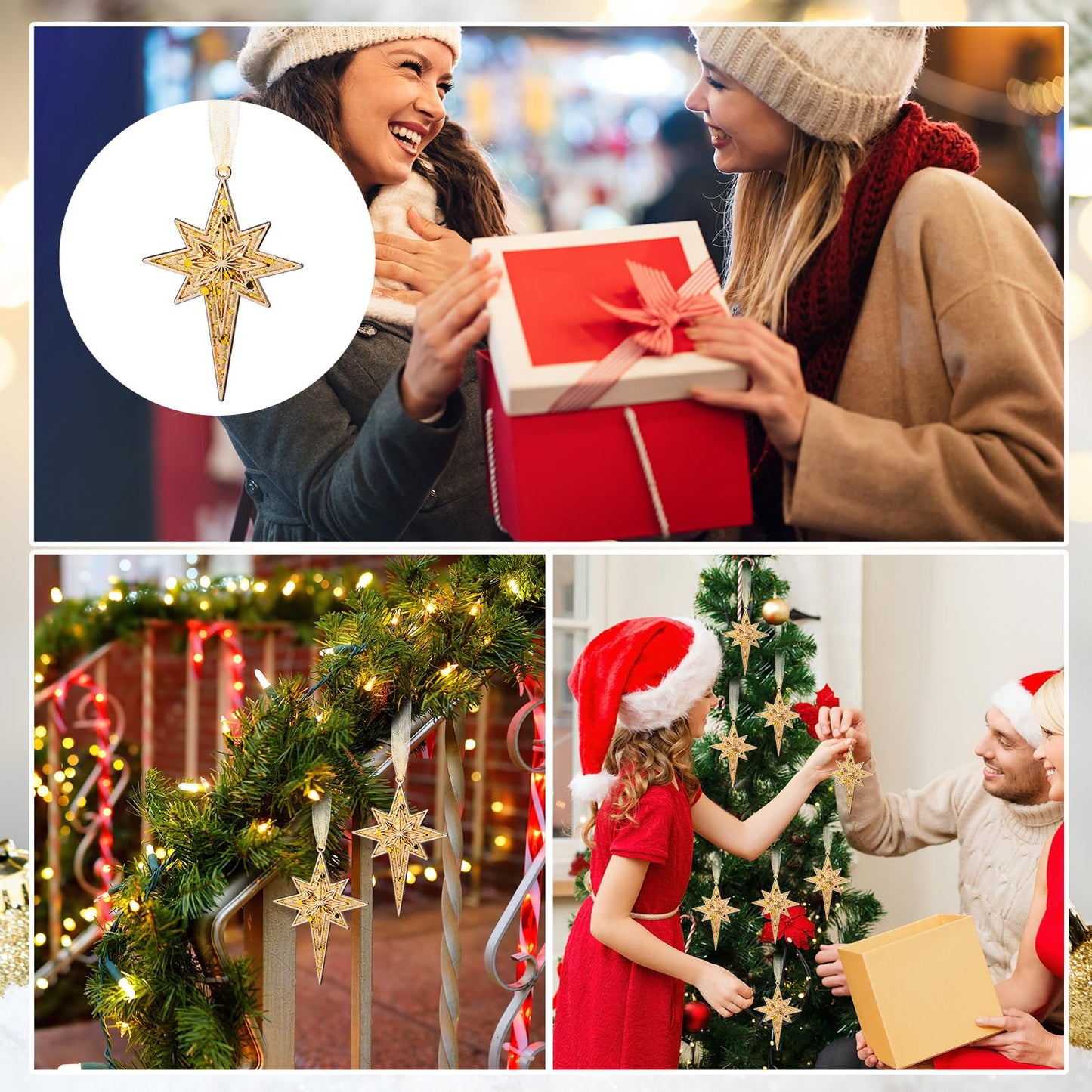 Soulchen 8 Pcs Summer Christmas Bethlehem Star Ornament 3.15 x 1.97 Inch Metal Glitter Star of Bethlehem Ornaments with Glitter Christmas Tree Topper Nativity Decor for Xmas Tree Party Decor(Gold)