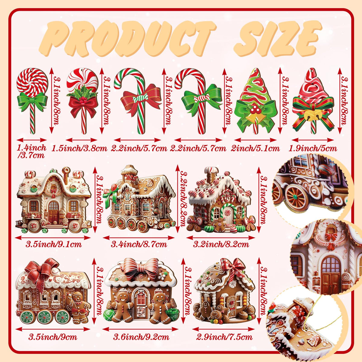 Roowest 36 Pcs Christmas Gingerbread House Ornament Set Wood Christmas Tree Ornaments Lollipop Flat Train Donut Cake Hanging Decorations Peppermint Ornaments for Xmas Tree Party Supplies