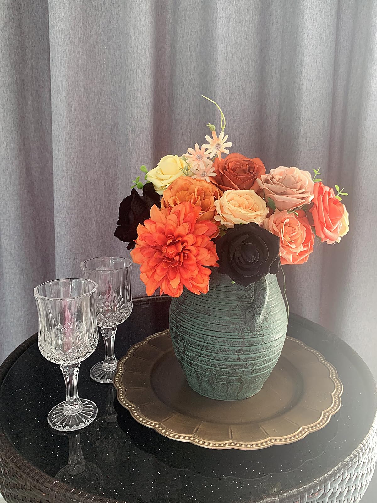 FACINOC Roses Artificial Flowers Fall Orange Black Bouquet Box Set for DIY Halloween Wreath Autumn Wedding Bridal Shower Decorations Party Table Centerpieces Fake Floral Arrangement Home Decor Indoor