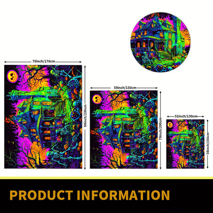 BSFHH Black Light Tapestry – UV Reactive Glow in the Dark Wall Hanging, Spooky Night Scene with Ghosts & Pumpkins, Haunting Home Decor for Parties, Bedroom, or Dorm (Ghost House, 90L x 70W, Unframed)