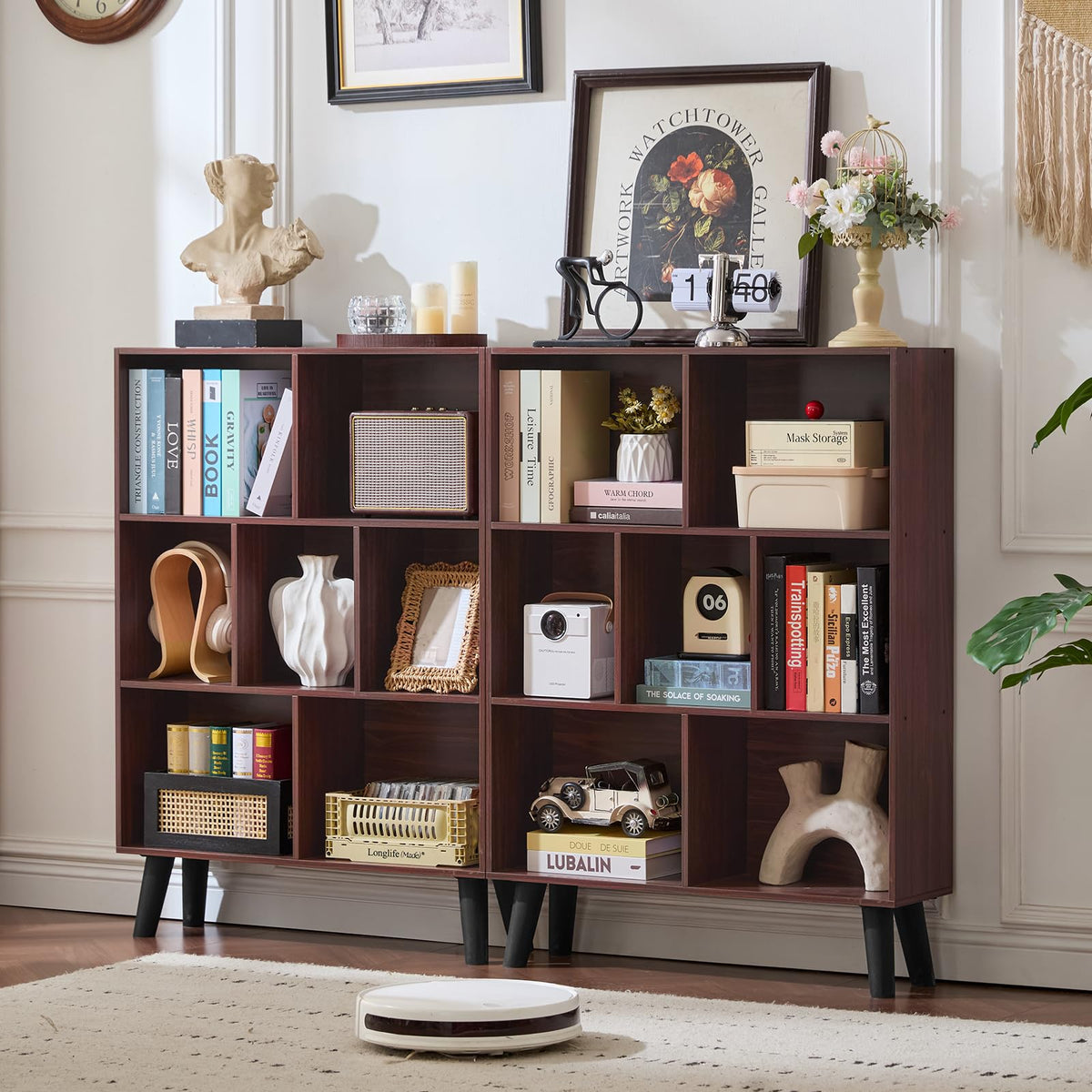 LEYAOYAO 7 Cube Bookshelf 3-Tier Bookcase with Legs, Mint-Walnut Kids Book Shelf Cute Storage Organizer, Toy Shelves Bookshelves,Wood Display Bookcases