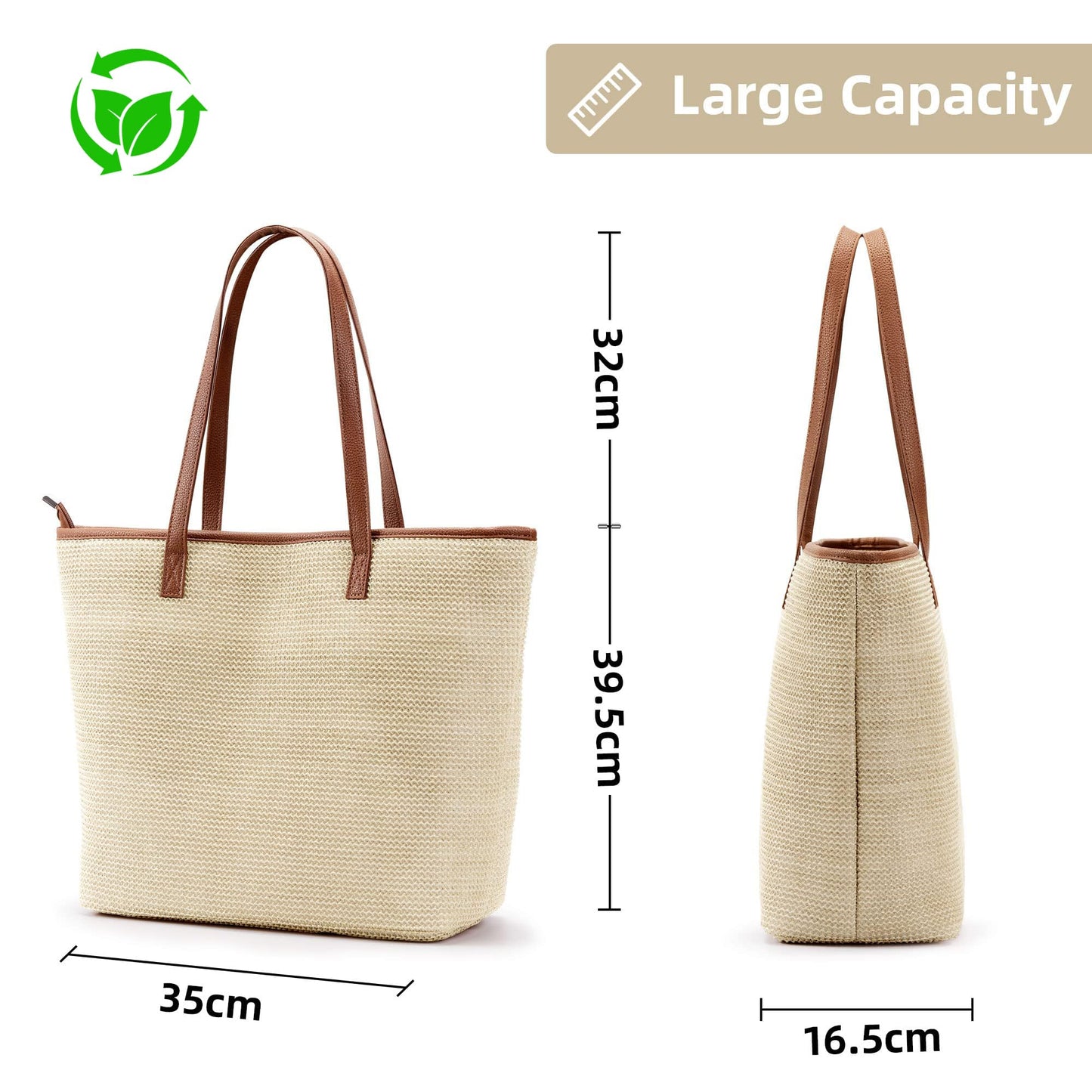 KALIDI Straw Tote Beach Bag Striped Shoulder Handbag Stitch Woven PU Leather Handle Zipper Closure Inner Pocket Travel Shopping Picnic