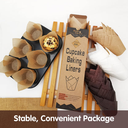 Bake Choice 200pcs Natural Tulip Cupcake Liners for Baking Cups Unbleached European Parchment paper Tulip Muffin Liners, Cupcake Wrapper for Party, Christmas