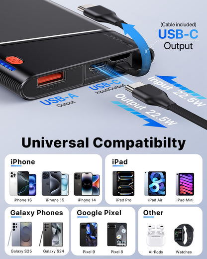 Aaoyun Portable Charger Power Bank, 10000mAh 22.5W PD Fast Charging Powerbank with Built-in USB C Cable, Slim External Phone Battery Pack for iPhone 17/16/15 Samsung S24 Android etc (Grey)