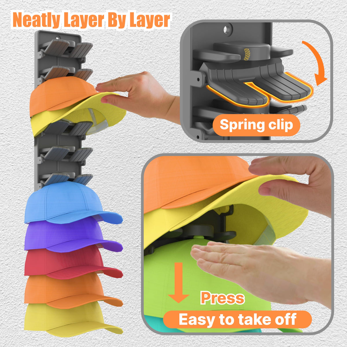 BRUBEQO Hat Organizer for Baseball Caps 2 Packs with Built-in Spring Clips - Wall Mount Closet Hat Rack Holder,Storage for Door/Closet Display Hat Racks Hanger (Strong Adhesive & Screws) Matte Black.