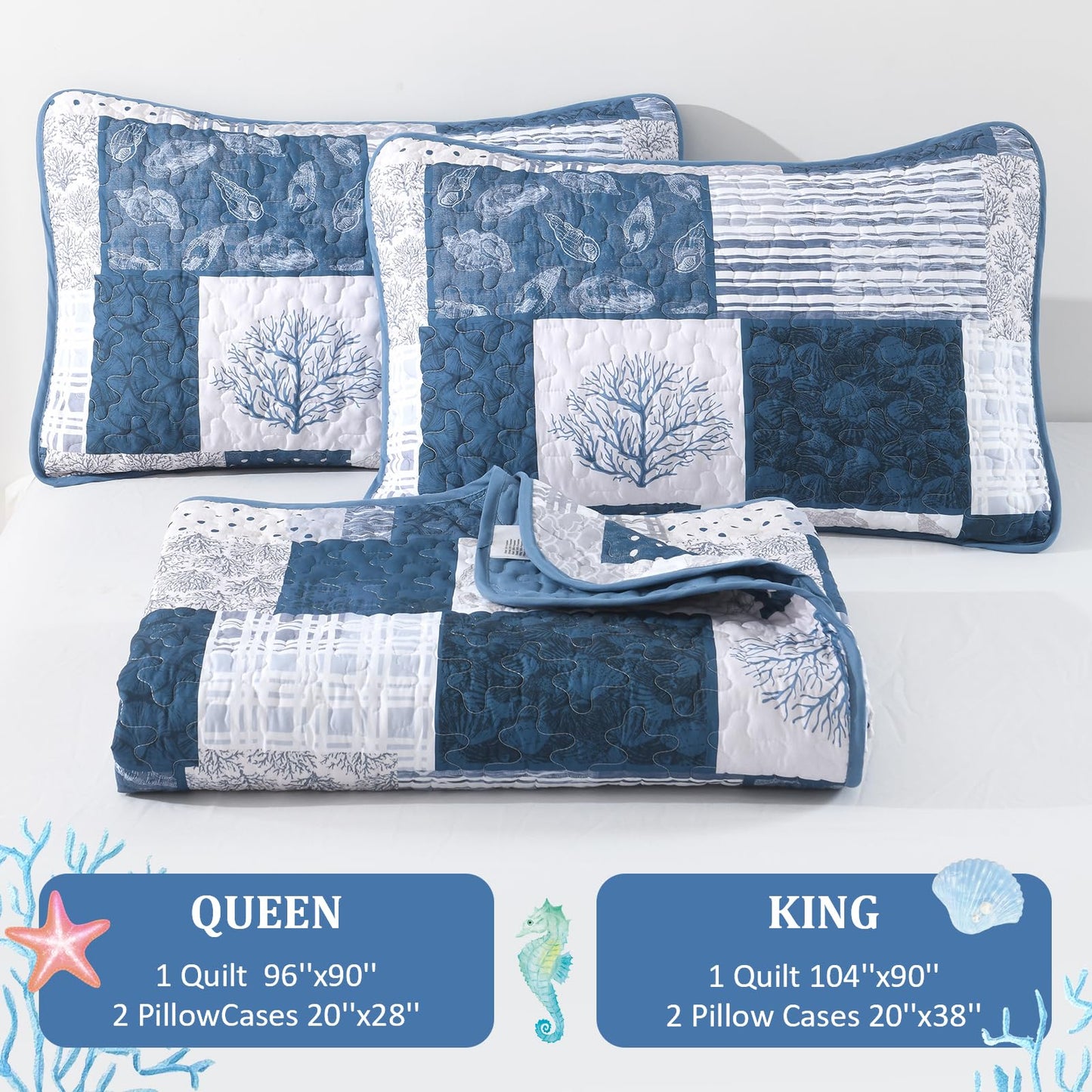 Xruibed Blue Ocean Quilt Set Queen Coastal Beach Theme Quilt Coverlet Soft Microfiber Reversible Bedspread with 2 Pillow Shams 3 Pieces Nautical Patchwork Beach Bedding Quilt for All Season 90"x96"