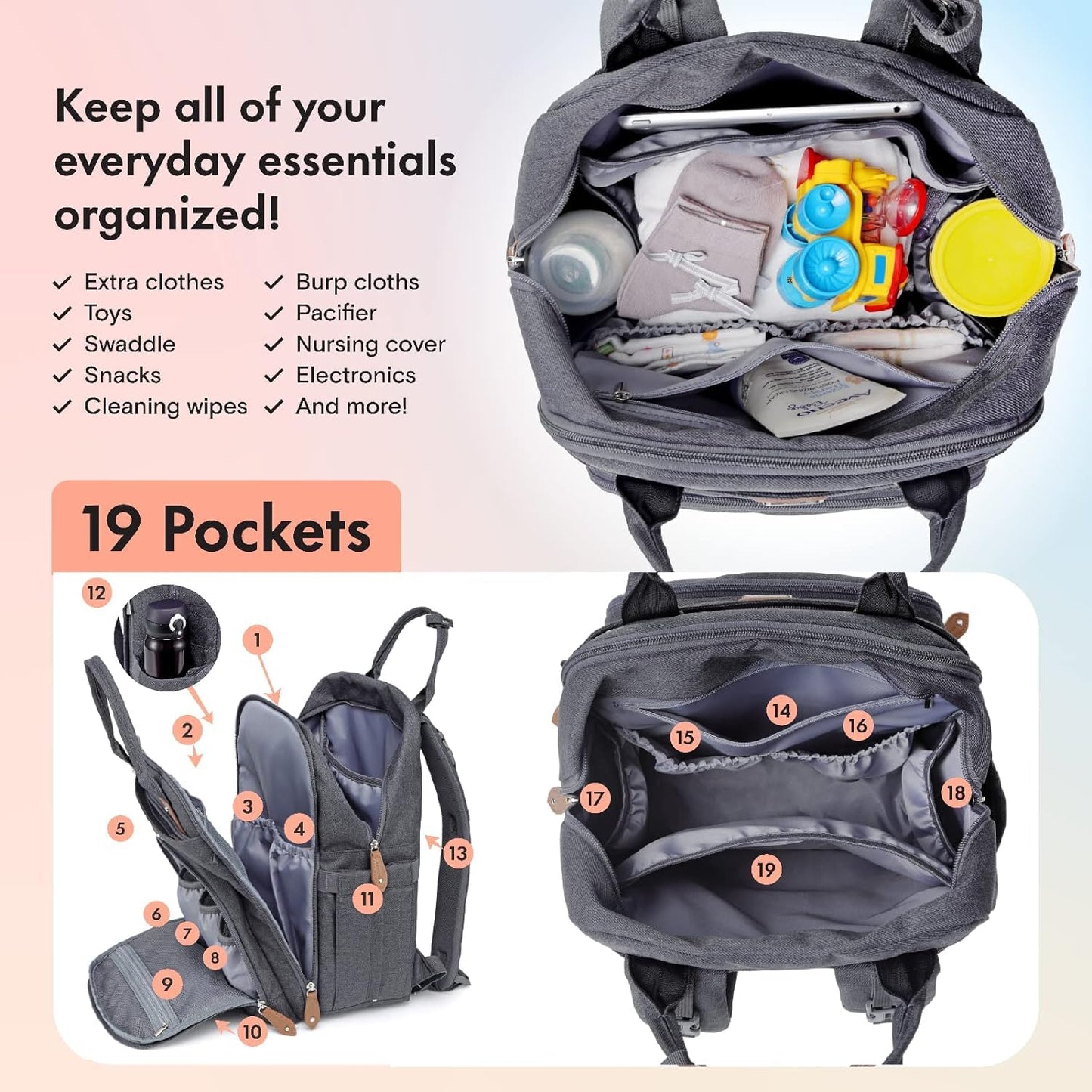 Dikaslon Baby Changing Bag Backpack, Large Baby Bag for Mum and Dad with 19 Pockets, Spacious Nappy Changing Bags with Mat, Pacifier Holder, Stroller Straps, Durable Polysteer (Dark Grey)