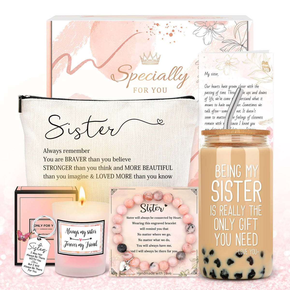 Sister Gifts from Sisters Birthday Gifts for Sisters Adult Best Sister Ever Gift Ideas for Women Cool Presents Set with Funny Glass Cup, Unique Makeup Bag, Scented Candle, Bracelet, Keychain, Card