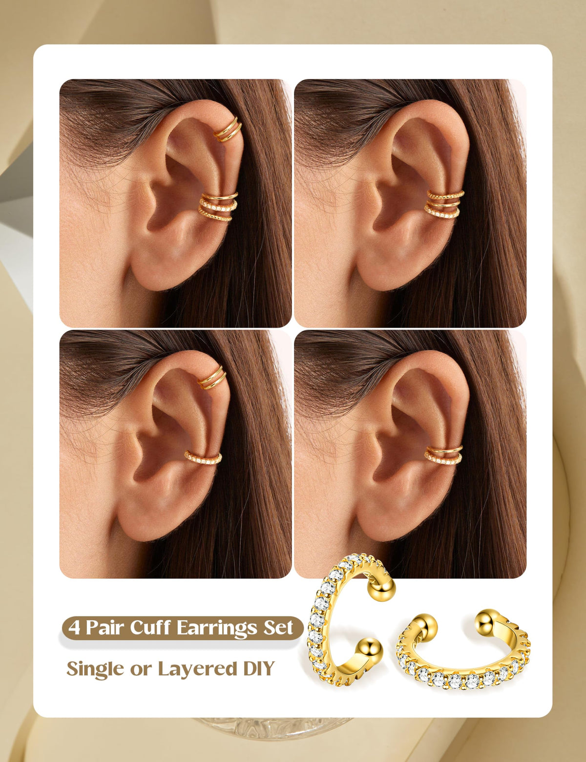 LOLIAS 4 Pairs Ear Cuffs Non Piercing - 14K gold plated Ear Cuff Earrings for Women Ear Cuff for Non Pierced Ears Clip on Cartilage Earring Dainty Adjustable Fake Earrings Set