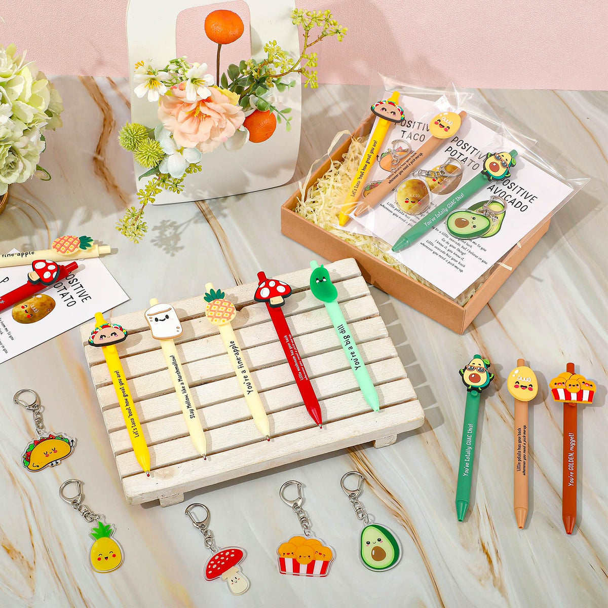 Landical 16 Sets Employee Appreciation Gifts Bulk, Positive Pen Inspirational Keychain with Motivational Card, Thank You Gift for Office Class Favor Coworker Team Teacher (Smart Snack)