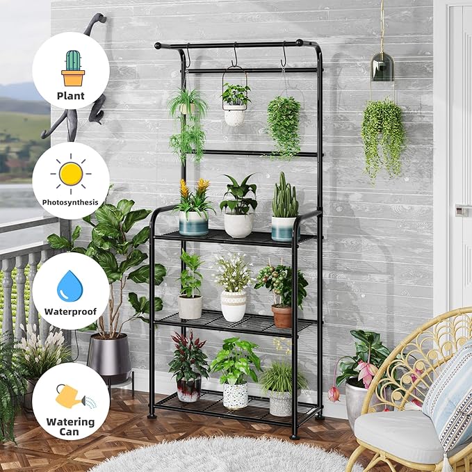Plant Stands Outdoor with Hooks, Metal Tall Plant Shelves Indoor for Hanging Planter, Black