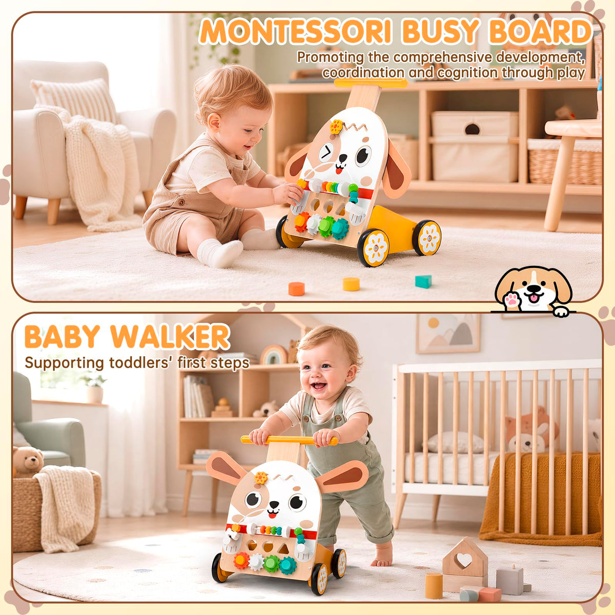 Yuyctwg Wooden Baby Walker, 6-in-1 Push Walker for Toddlers