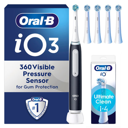Oral-B iO3 Electric Toothbrushes Adults, 5 Toothbrush Heads, 3 Modes With Teeth Whitening, 2 Pin UK Plug, Black