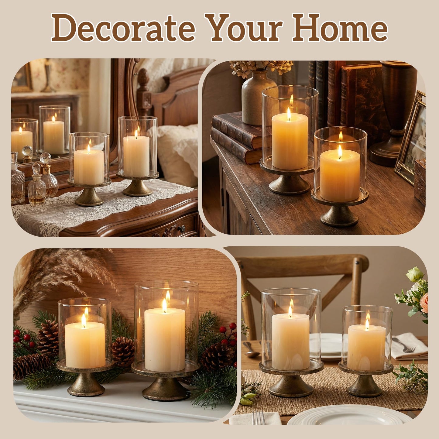 SUJUN Set of 2 Hurricane Candle Holder Set with Glass Dome & Iron Base – Elegant Decorative Pillar Candle Holders for Living Room, Dining Room & Bedroom Centerpiece - Ideal Home Décor